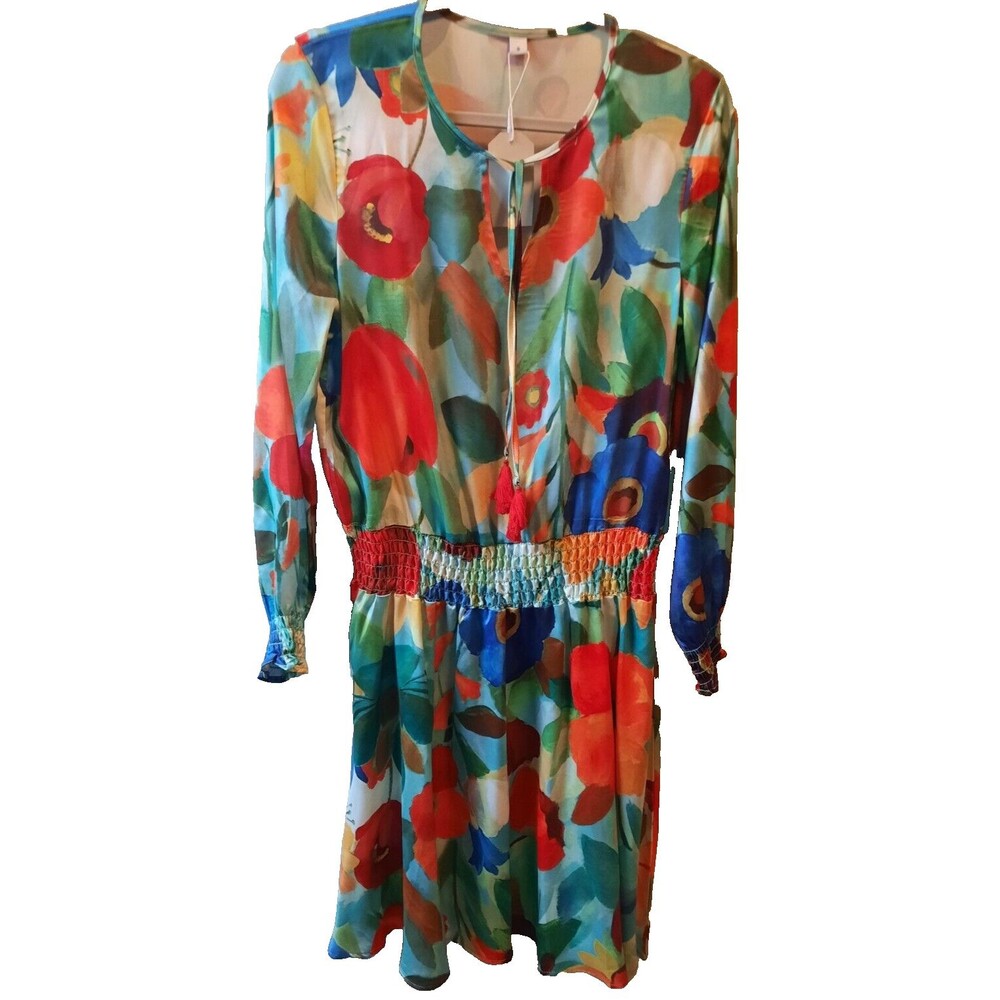 Women’s Boutique NWT Dress Floral, Geometric, Size M, Colorful, Tie with Tassels